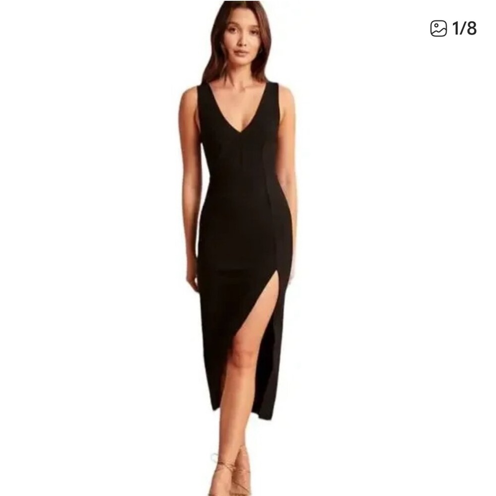 Abercrombie & Fitch Plunge V-Neck Midi Dress Sleeveless Side Slit Crepe Black, S